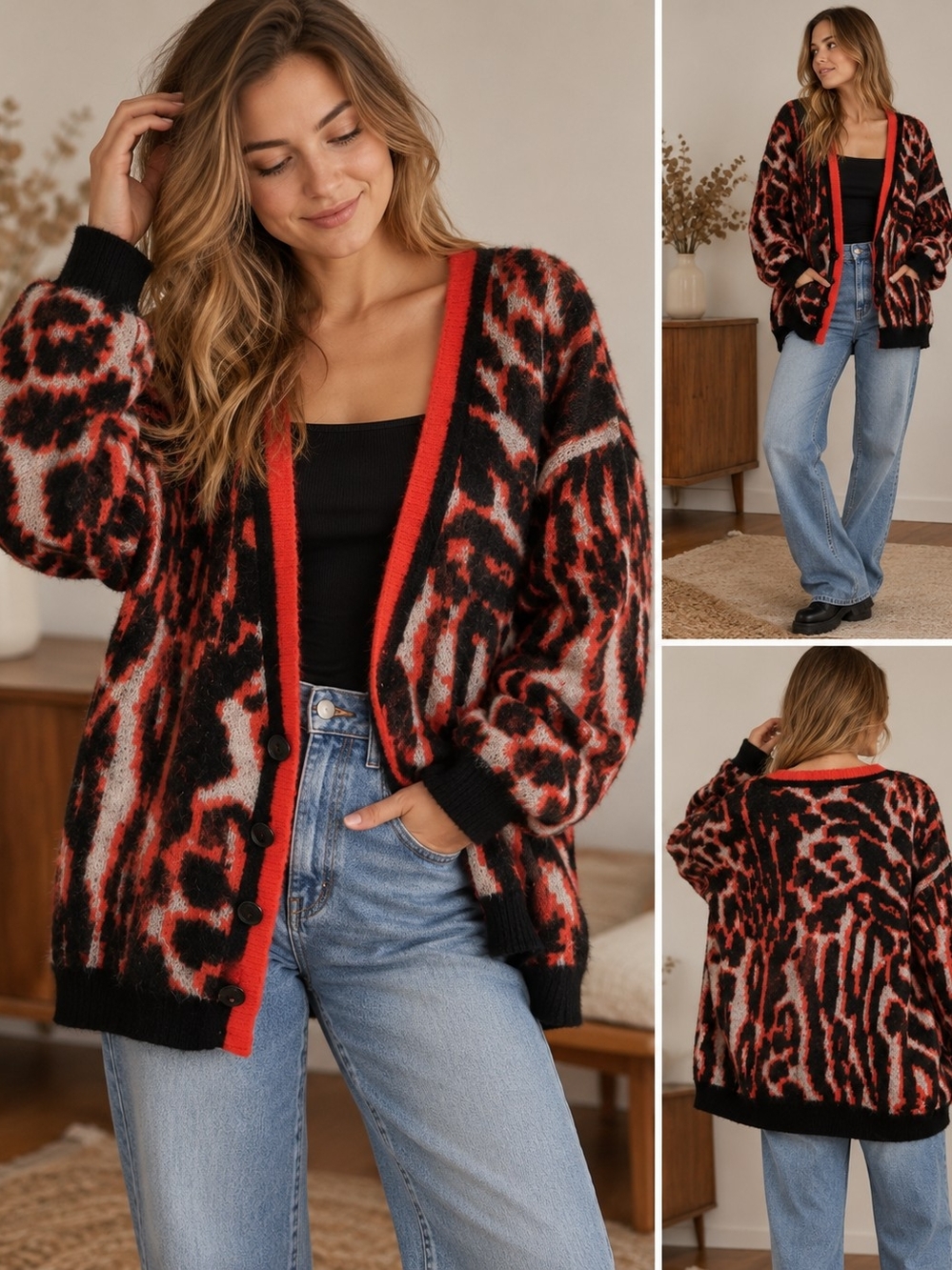GUESS Alpaca Blend Oversized Cardigan Abstract Animal Print Black Red
